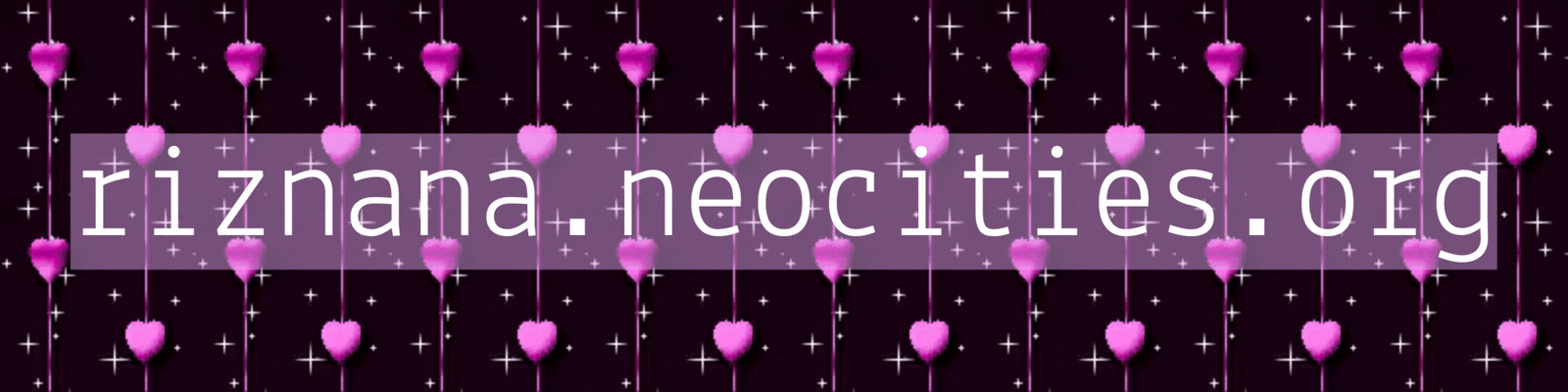 a gif of pink, glittery hearts going falling down, with the text 'riznana.neocities.org' on top.